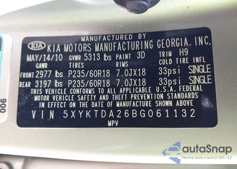 2011 Kia Sorento Lx V6 из США, поврежденный, VIN 5XYKTDA26BG061132